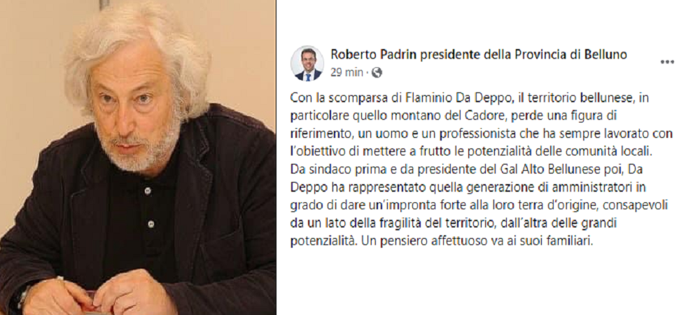E' morto Flaminio Da Deppo ex sindaco e presidente del Gal Alto Bellunese